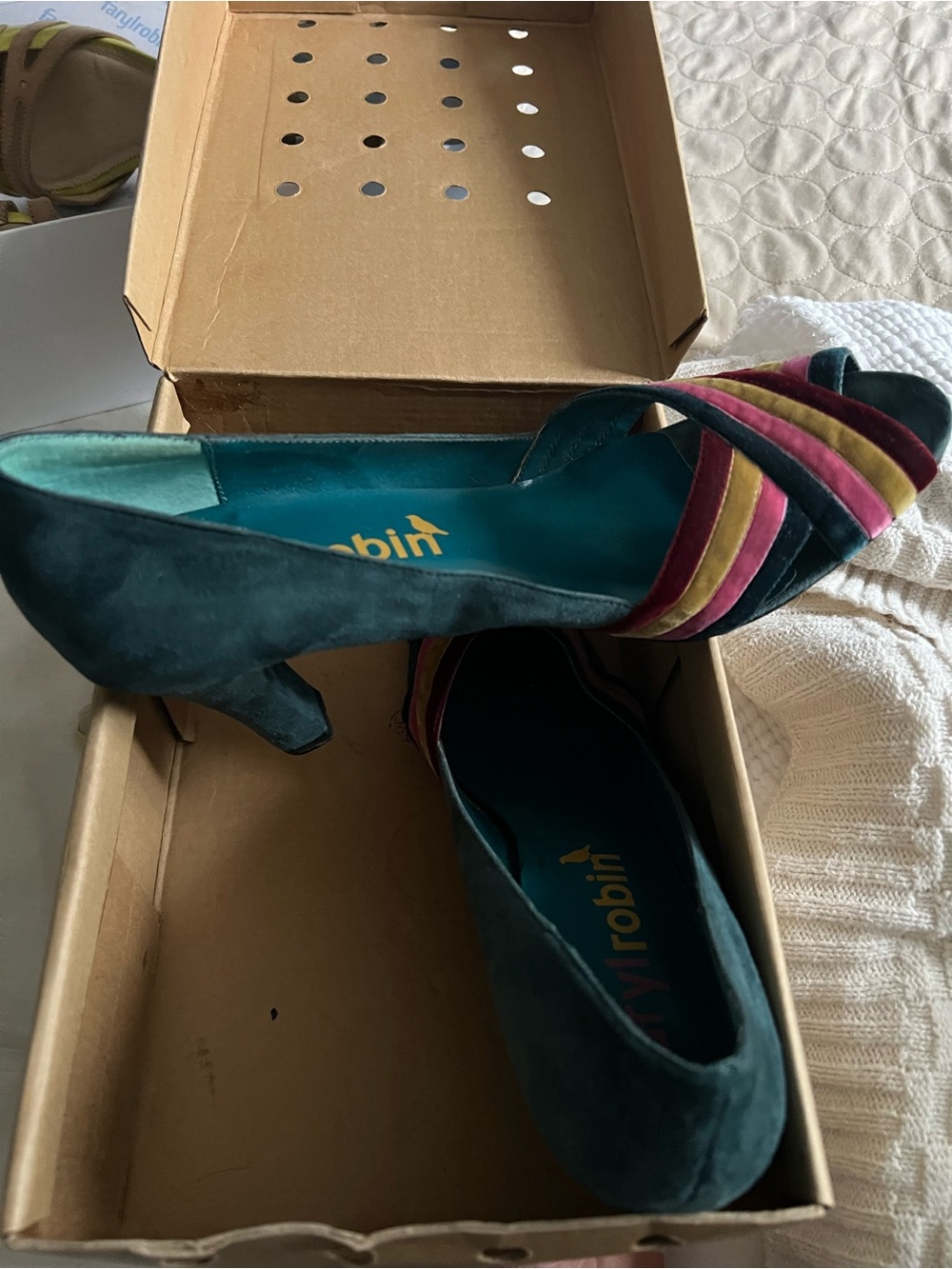 Vintage Farylrobin Teal suede and velvet trim peep toe pumps